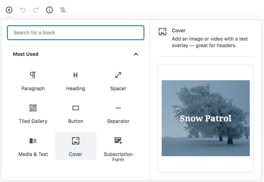 screenshot van een block preview in gutenberg